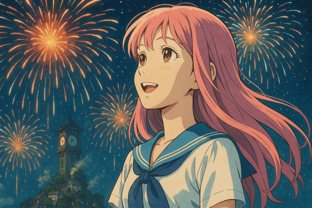 夢に胸をときめかせ、花火を見上げる少女