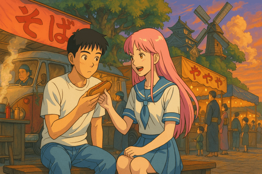 キッチンカーで食べ物を買って食べるカップル